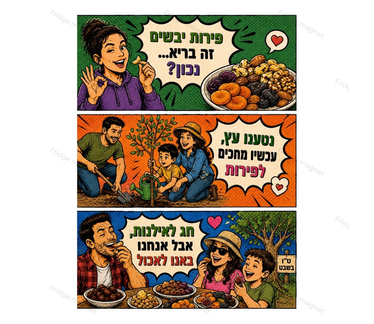 שלישיית מגנטים ט"ו בשבט – חג של פירות, אגוזים ו... איפה שמתי את הגרעינים?