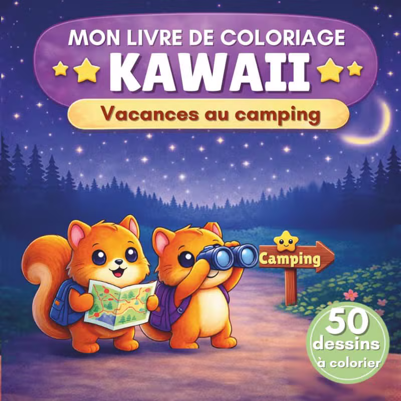 Livre de coloriage Kawaii : Vacances au camping