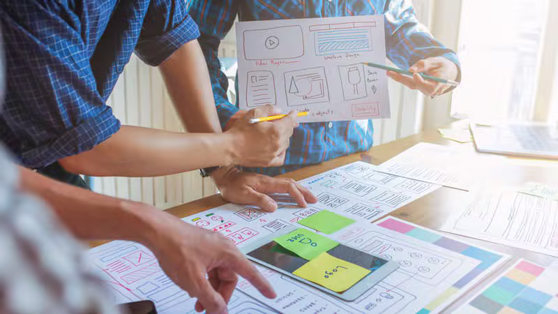 Web design wireframe on a desk