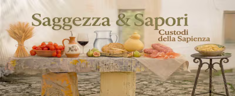 Tavola rustica imbandita con pomodori, vino, pane, prosciutto, funghi e fichi, con la scritta Saggezza & Sapori e Custodi della Sapienza