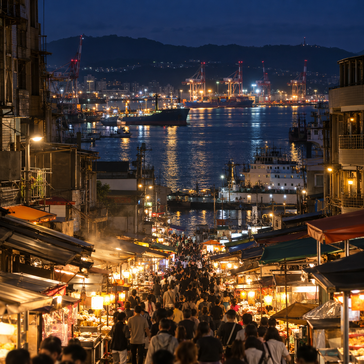 基隆廟口夜市與港區夜間全景——基隆定點茶港都夜生活視覺 本圖片呈現基隆廟口夜市的夜間全景，暖色燈光與攤位人潮交錯，呈現基隆作為港都城市獨特的夜間風貌。寫實攝影風格捕捉基隆的港都節奏，呼應基隆定點茶完整攻略文章中「港都夜生活的夜間整理」的核心概念。畫面溫暖熱鬧，適合用於基隆區域專題文章的視覺搭配。基隆廟口夜市夜間全景的寫實攝影，暖色燈光與攤位人潮交錯，遠處可見基隆港的貨櫃燈光與海面倒映，天空呈現深藍色調。整體色調溫暖而熱鬧，呈現基隆作為港都城市獨特的夜間風貌。畫面中無任何文字、標誌或人物正面。圖片傳達基隆廟口夜市作為台灣最具代表性夜市之一的獨特魅力，呼應定點茶資訊查找時應理解港都生活圈特性、確認具體位置、保護個人資訊的核心概念。