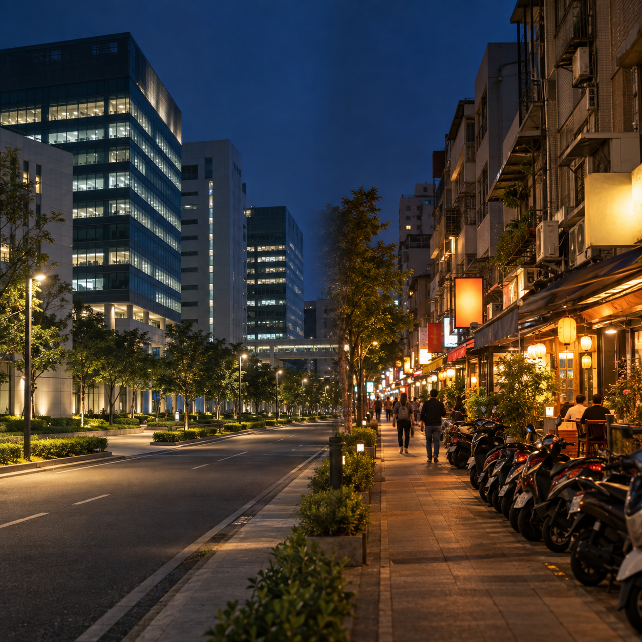 科學園區與金山街夜間街景拼接——工程師夜間指南視覺 本圖片以左右拼接方式呈現新竹科學園區與金山街的夜間街景，左側為辦公大樓的點點燈火與寧靜夜色，右側為密集餐廳招牌與溫暖燈光交織的工程師深夜生活圈，呈現園區工程師下班後從辦公室到生活圈的移動與選擇。寫實攝影風格捕捉竹科的夜間節奏，呼應新竹科學園區工程師的夜間指南文章中「外送茶定點茶怎麼選」的核心概念。畫面溫暖平靜，適合用於竹科工程師專題文章的視覺搭配。左右拼接的寫實夜間街景攝影，呈現竹科工程師夜間生活的兩種場景。左側為科學園區辦公大樓的夜間全景，大樓的點點燈火與空曠道路交錯，路燈照亮園區的寧靜夜色，天空呈現深藍色調，呈現工程師下班後離開辦公室時所見的園區景象；右側為金山街的夜間街景，密集的餐廳招牌與溫暖燈光交織，街道上有稀疏行人與停放整齊的機車，呈現竹科人下班後的生活圈與深夜食堂的溫暖氛圍。兩側以柔和漸層連接，整體色調溫暖，無文字、無標誌、無人物正面。圖片呈現科學園區與金山街兩種不同的夜間風貌，呼應外送茶與定點茶資訊查找時應先確認下班時間與住宿位置、再選擇對應區域分類、保護個人資訊的核心概念。