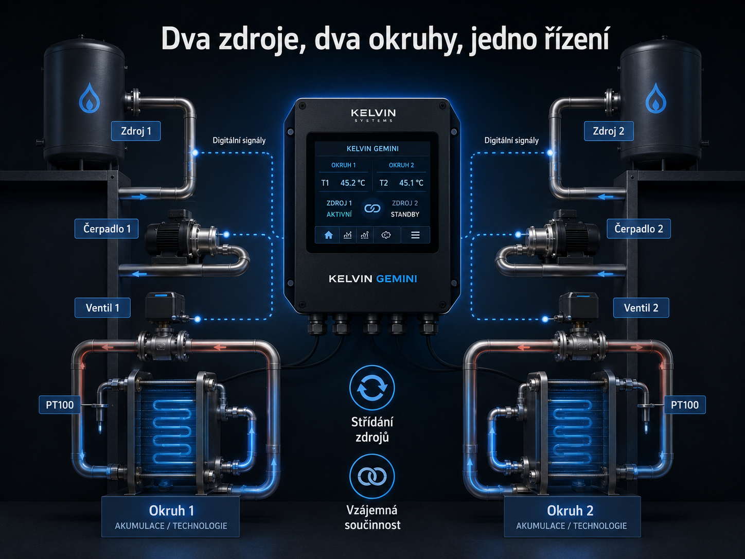Dva zdroje, dva okruhy, jedno řízení