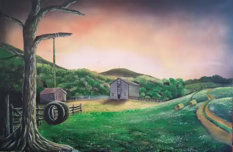 Acrylic landscape with a bare tree, distant hills, and an emotional evening sky