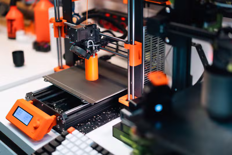 3D printing workshop desk with design tools and printed models