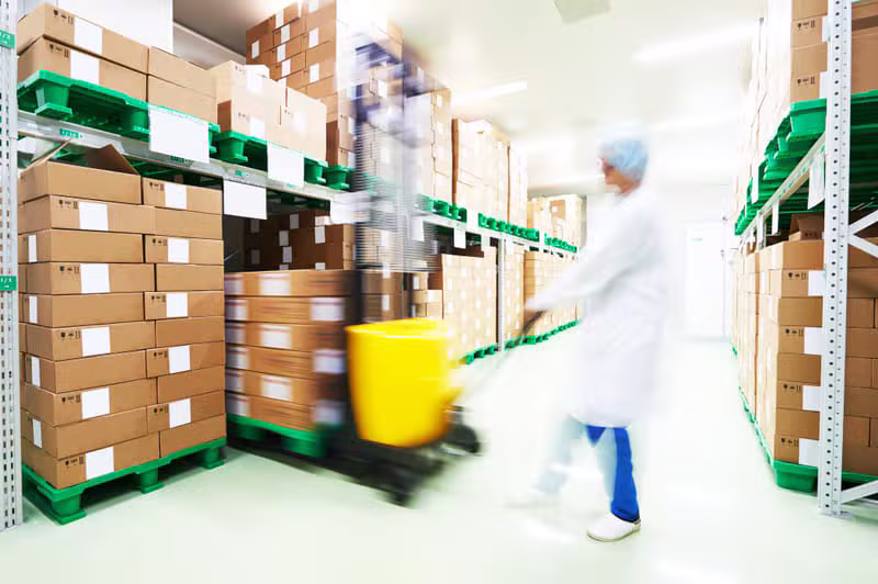 Worker moving medical supplies in a bright warehouse