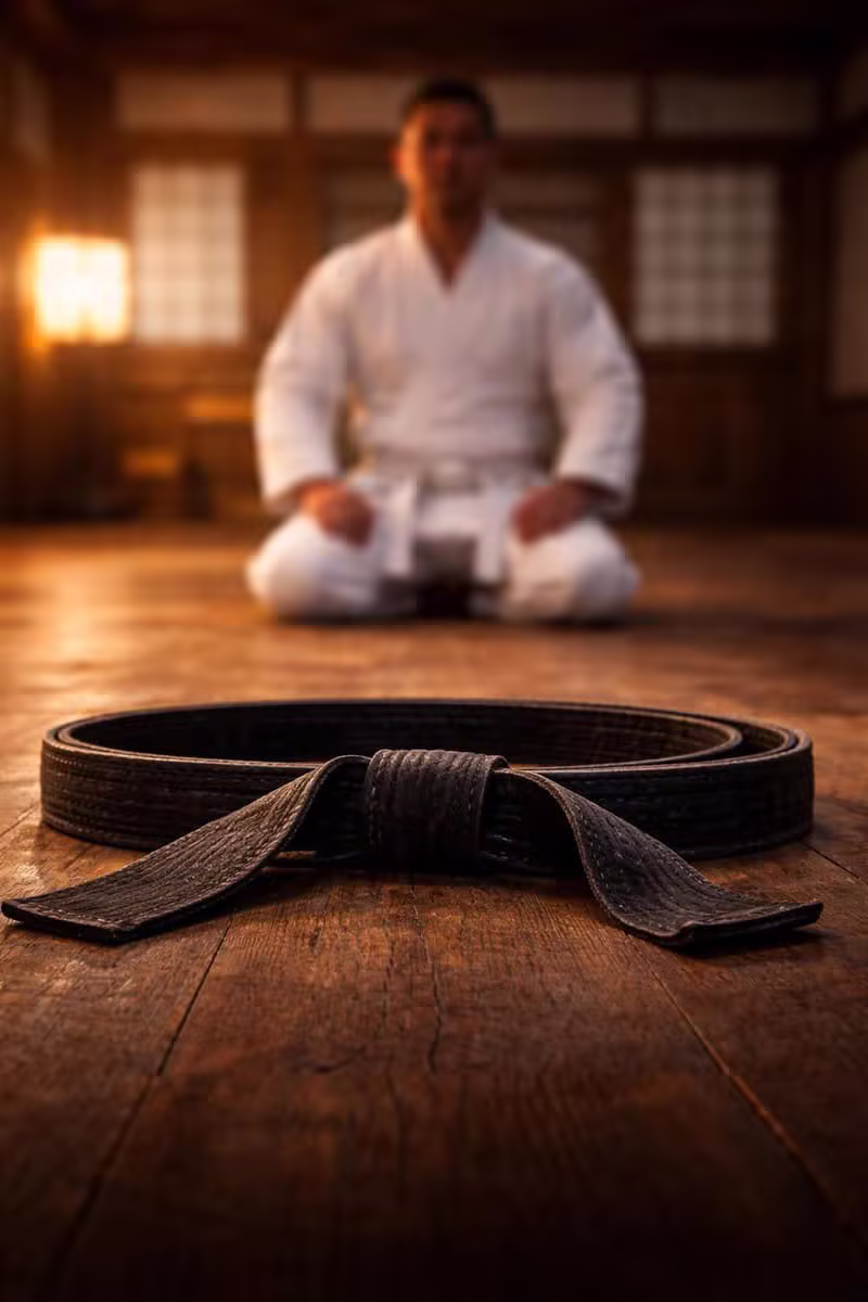 Black belt on tatami and martial arts instructor