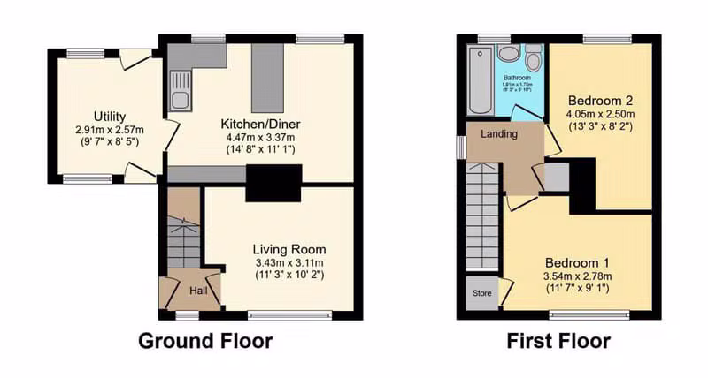 Colour 2D floor plan showing a ground floor with utility, kitchen/diner, living room and hall, plus a first floor with bathroom, landing, store and two bedrooms