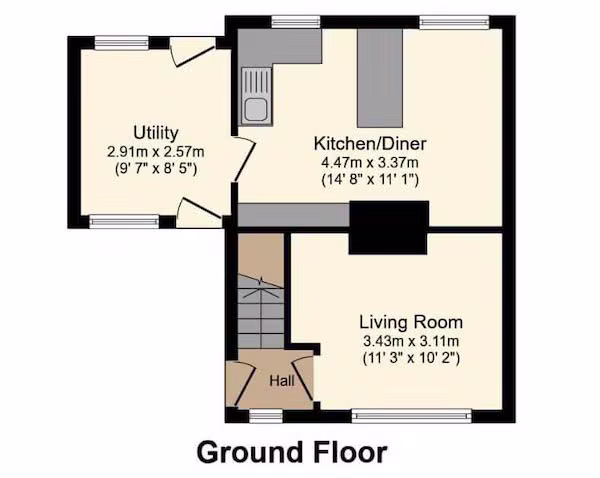 Colour digital ground floor plan of a Cambridgeshire home showing utility, kitchen/diner, living room and hall dimensions