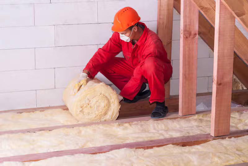 Retrofit assessor installing loft insulation to improve a property's energy efficiency