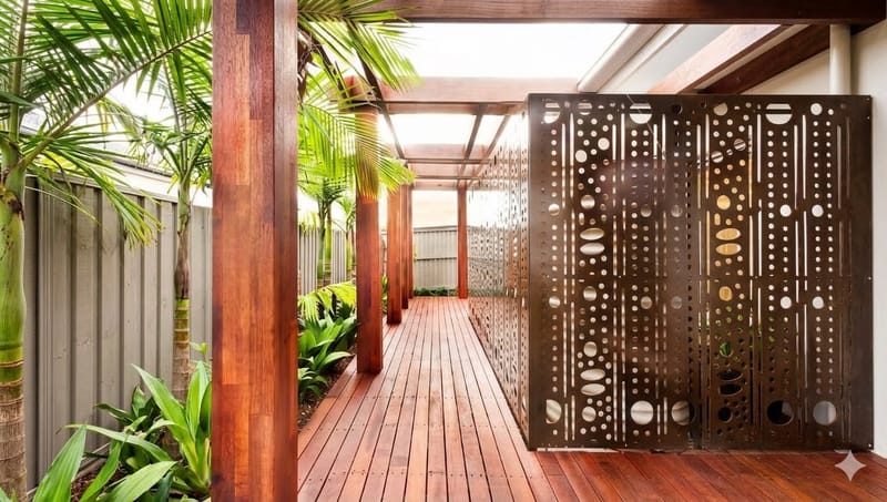 Wooden pergola with decorative laser cut metal privacy screen on outdoor patio deck
