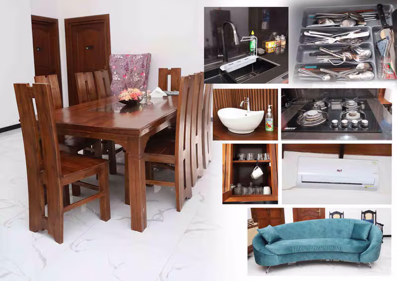Indoor amenities including dining table, kitchen, and lounge seating