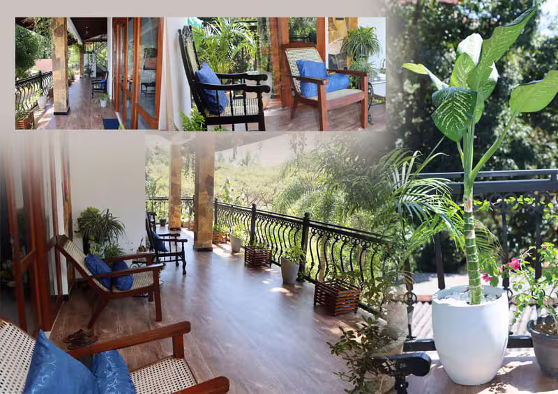Collage of the shaded verandah with wooden seating, plants, and balcony views