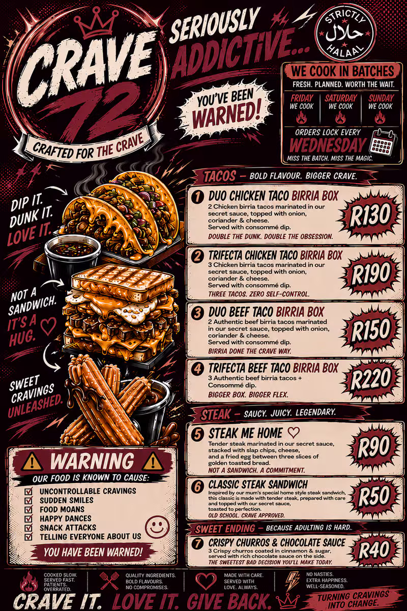 Crave72 Full Menu with Prices