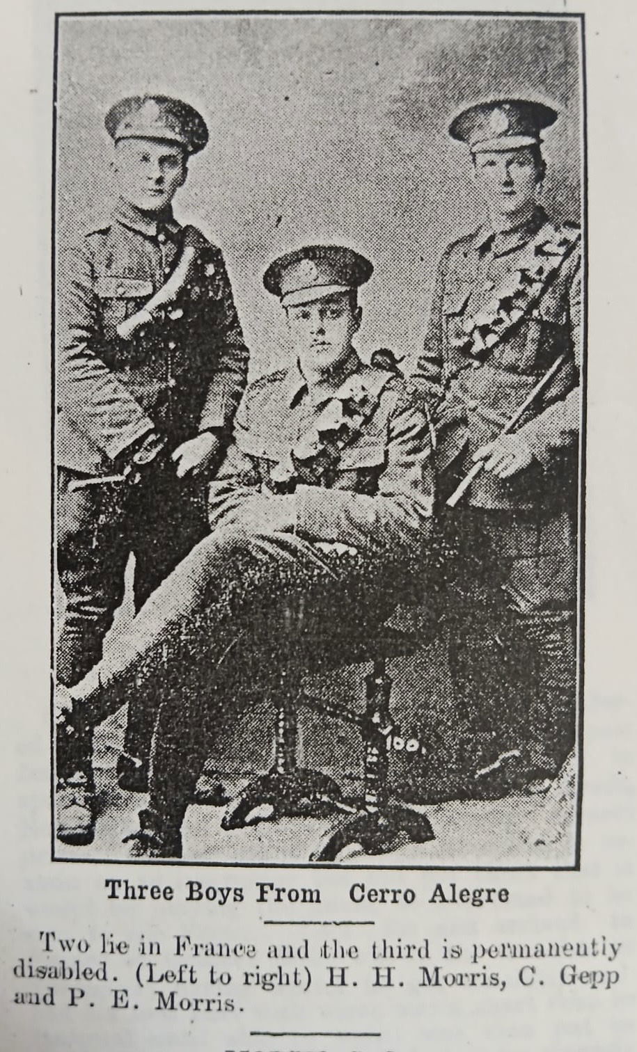 GEPP, Charles William. private 2KEH KIA 9/07/1915. Centre of photograph with the Morris brothers who all travelled from Chile to enlist in the 2KEH. Photograph taken from the South Pacific Mail.