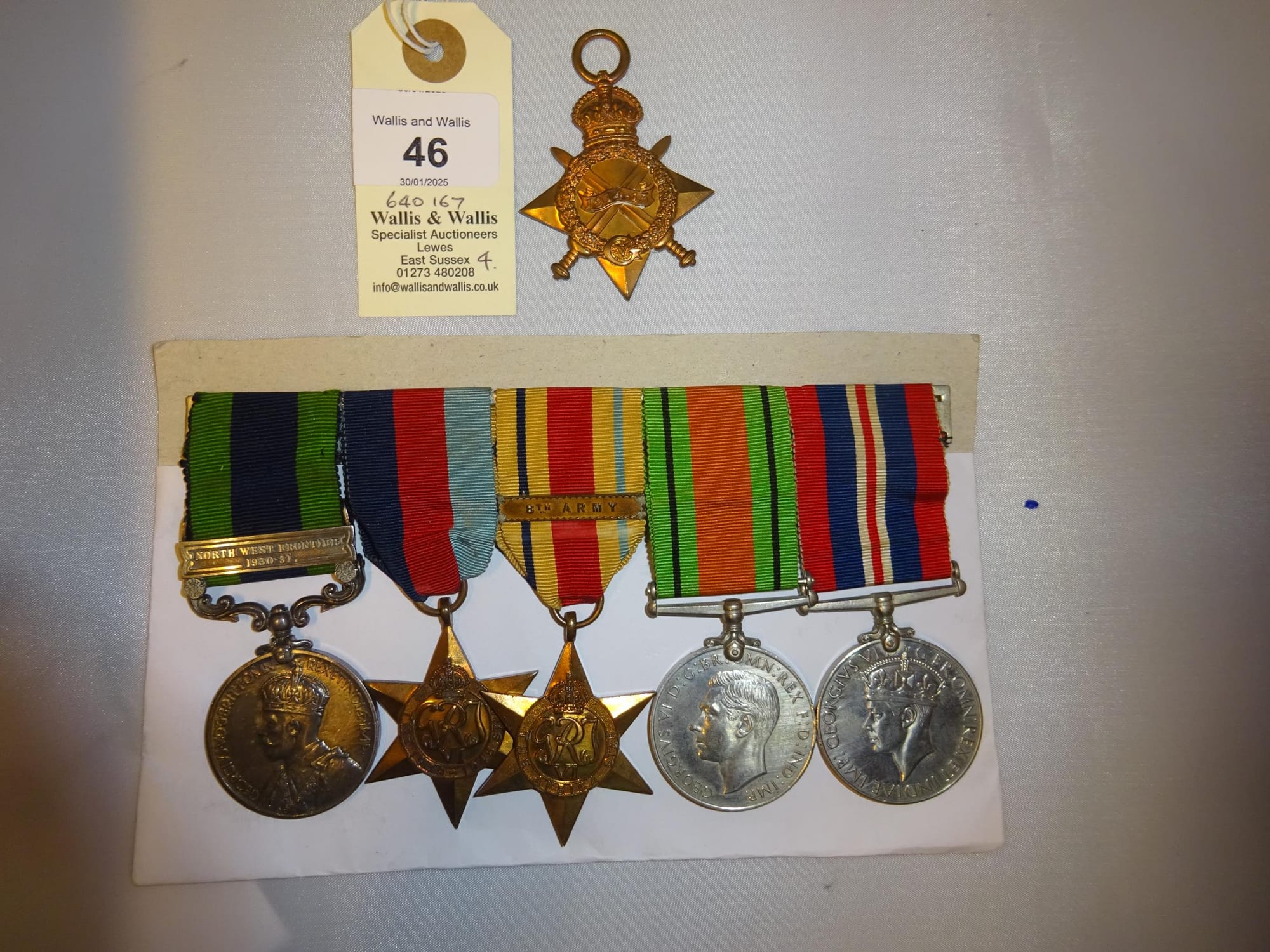 DAVIES, Frederick R. 69. KEH. Photograph of his medals courtesy of Wallis & Wallis. 1914-15 star, (69 Sgt F R Davies K. Edw H) NEF; Five: IGS 1908, 1 clasp N W Frontier 1930-31, (7875146 Pte L M Davies R Tank C), 1939-45 star, Africa star with 8th Army clasp, Defence and War, VF-NEF, mounted as worn, WWII awards un-named as issued. 69 Sergeant Frederick R Davies King Edward's Horse entered WWI France, 22nd April 1915.
