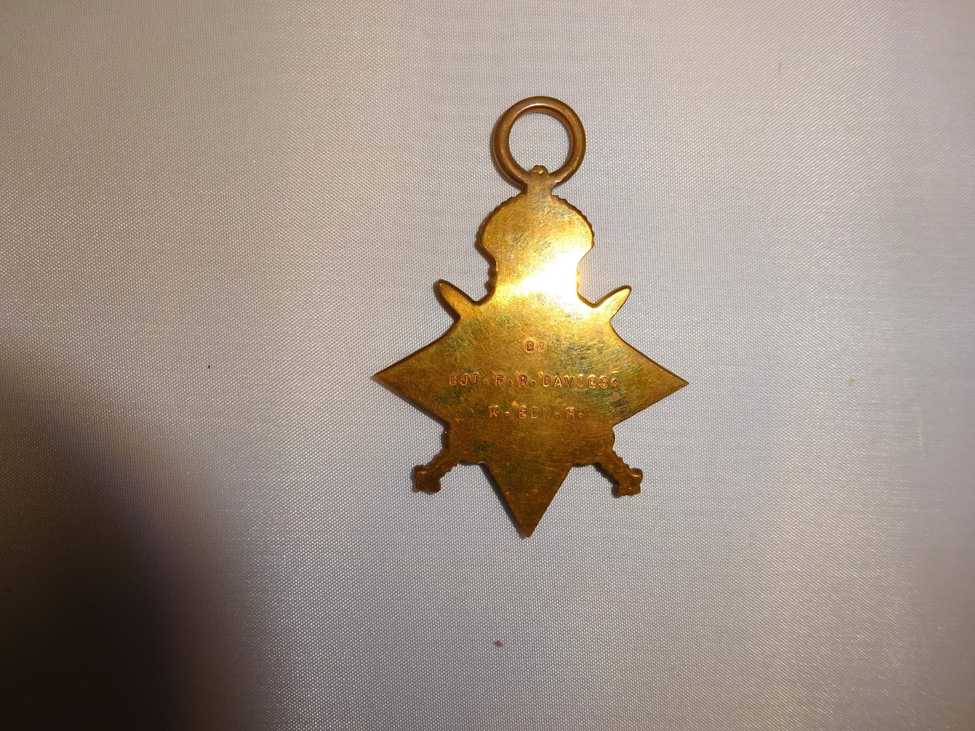 DAVIES, Frederick R. 69. KEH. Photograph of his 1914/15 Star courtesy of Wallis & Wallis. 1914-15 star, (69 Sgt F R Davies K. Edw H) NEF; Five: IGS 1908, 1 clasp N W Frontier 1930-31, (7875146 Pte L M Davies R Tank C), 1939-45 star, Africa star with 8th Army clasp, Defence and War, VF-NEF, mounted as worn, WWII awards un-named as issued. 69 Sergeant Frederick R Davies King Edward's Horse entered WWI France, 22nd April 1915.