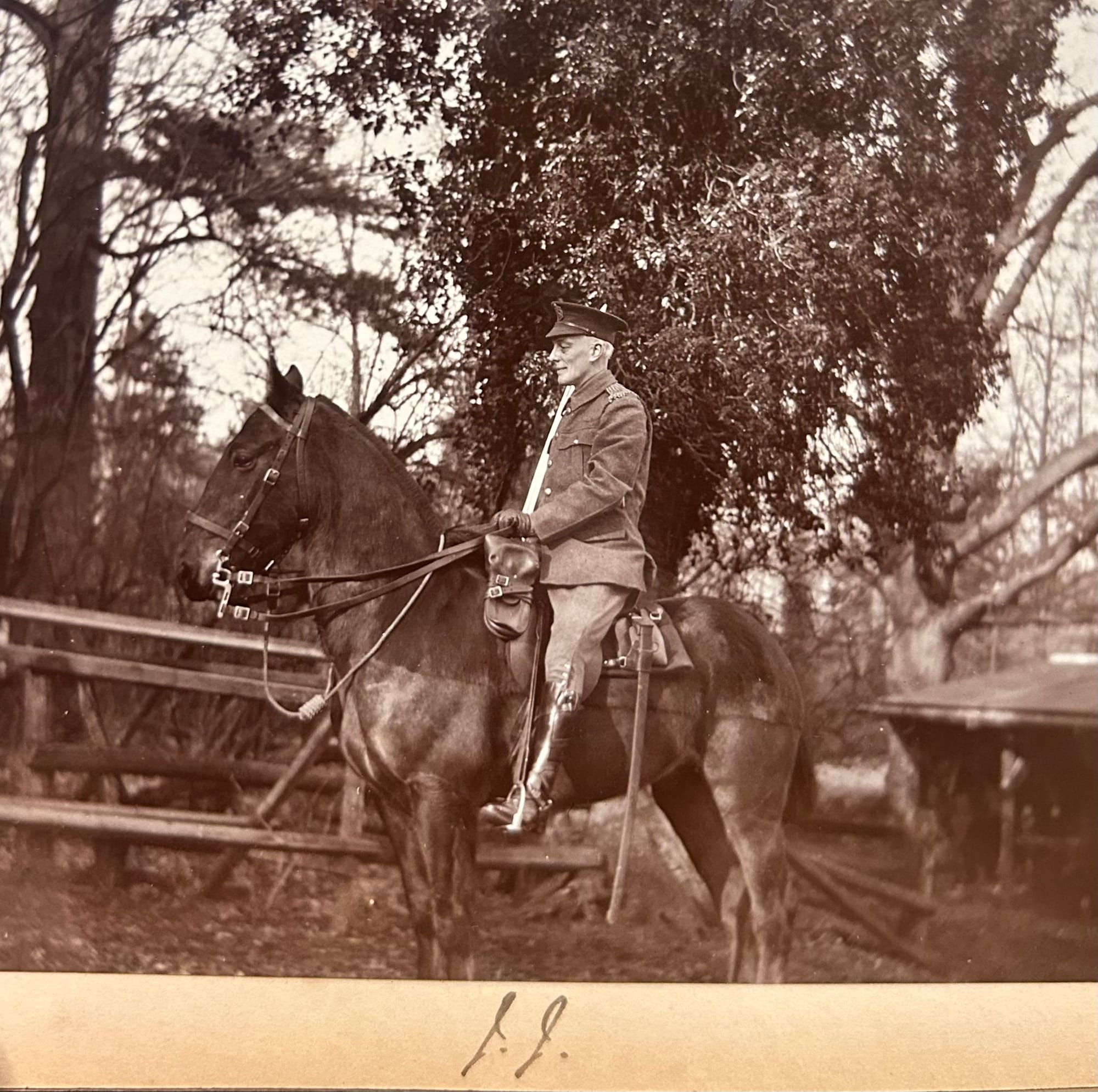 J. J. Private 2KEH. Mounted with sword drawn. Could be a number of Privates with these initials. Photograph shown of him mounted at camp in 1915 (courtesy of Joanna Bacon and now in the author's collection).