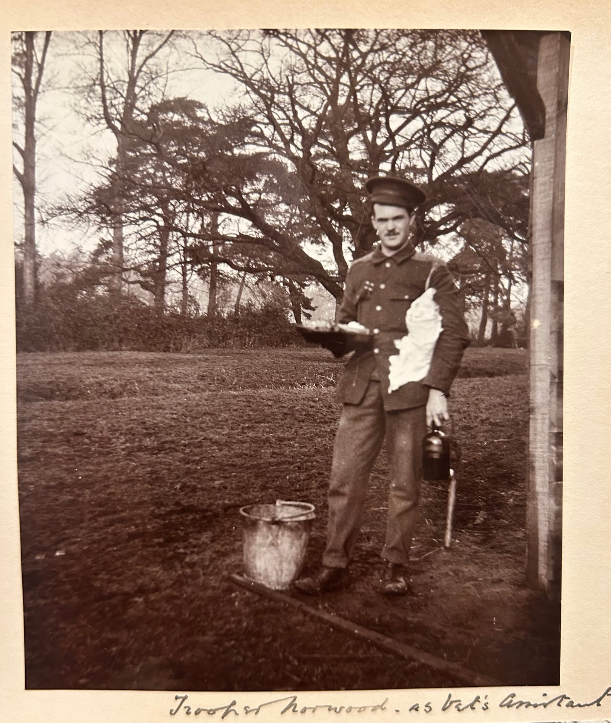 NORWOOD, John E. Private later Serjeant. Photograph shown of him at camp in 1915 and captioned as the vet's assistant (courtesy of Joanna Bacon and now in the author's collection).