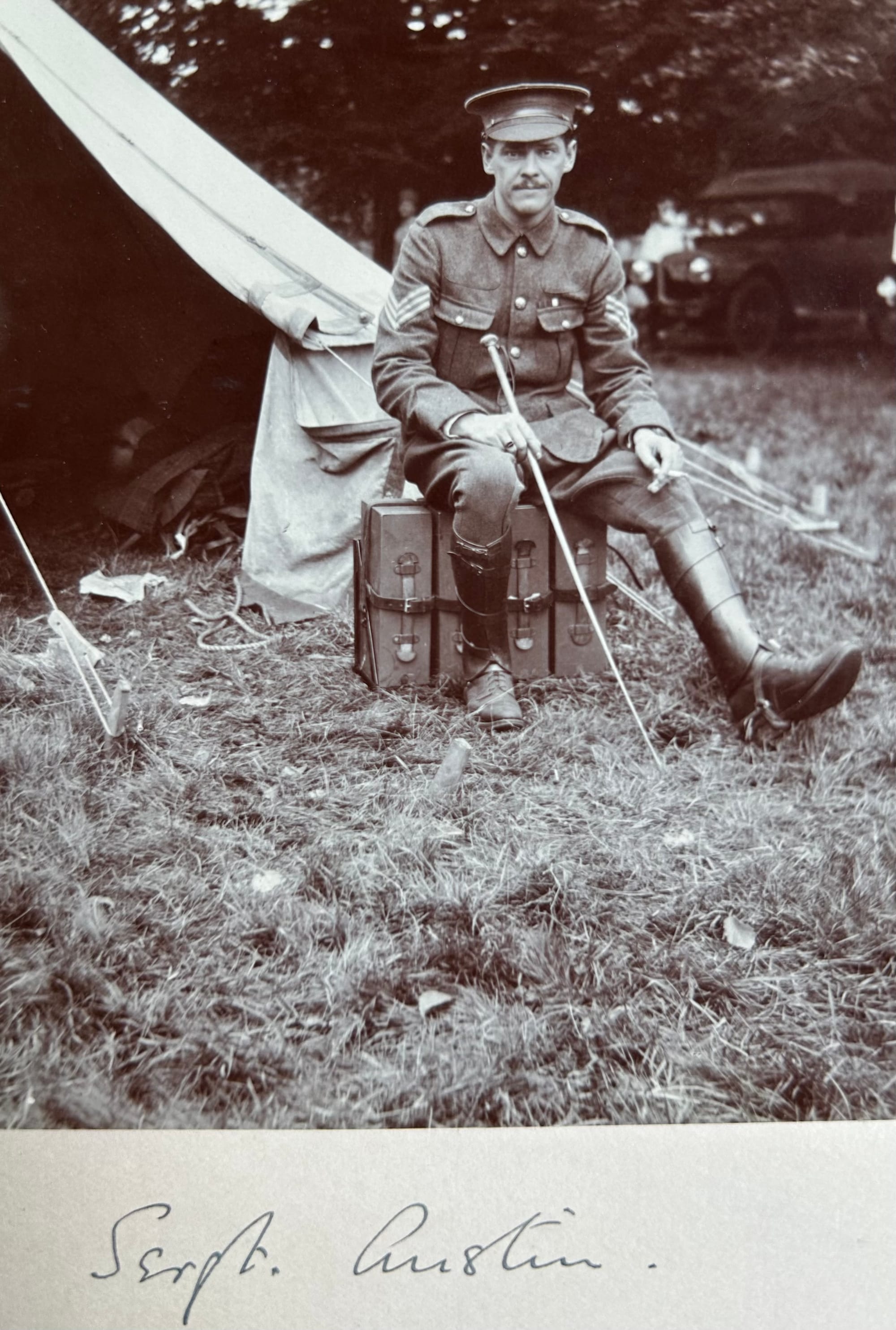 AUSTIN, . Serjeant 2KEH. Taken at Langley Park in September 1914 seated on an ammunition box and before he had been issued with a cap badge. Photograph courtesy of Joanna Bacon and now in the author's collection.