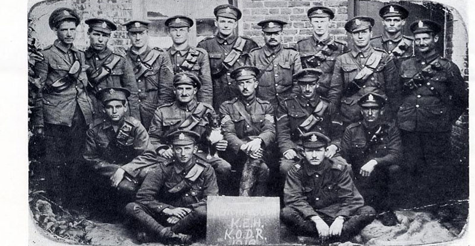 HERRERA, Lionel Ralph. Private 949. Seated far left, middle row of this group photograph of teh Hotchkiss Gun Team at Valhoun in June 1916.. Kindly identified by his granddaughter Anne-Marie Jones (nee Herrera).
