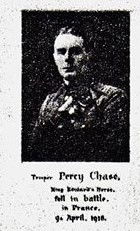 CHASE, Percy. Private. 1894. KEH. KIA at defence of Vieille Chapelle 9/04/1918. Photograph courtesy of Mary Felgate (great niece)..
