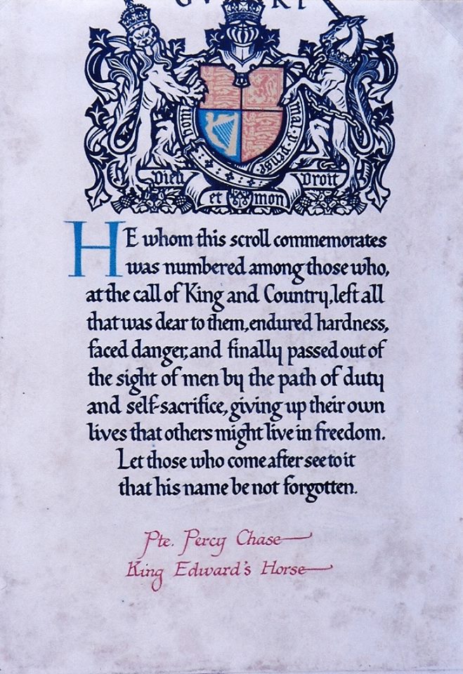 CHASE, Percy. Private. 1894. KEH. KIA at defence of Vieille Chapelle 9/04/1918. Death scroll. Photograph courtesy of Mary Felgate (great niece).