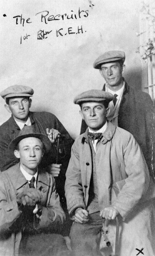 SCHONKEN, William (Willem) Peter (Petrus). 1004. Corporal. 'A' Squadron (right in the rear row) in this photograph taken in March 1915 with his South African pals as new recruits with consecutive regimental numbers from South Africa - Brian Wade, 1005 (right in the front row); Armand Harold Albertson, Private, 1003 (left in the front row) and Harry Bird, Private, 1006 (right on the front row) courtesy of the Sentinel Project, South African Defence Force.