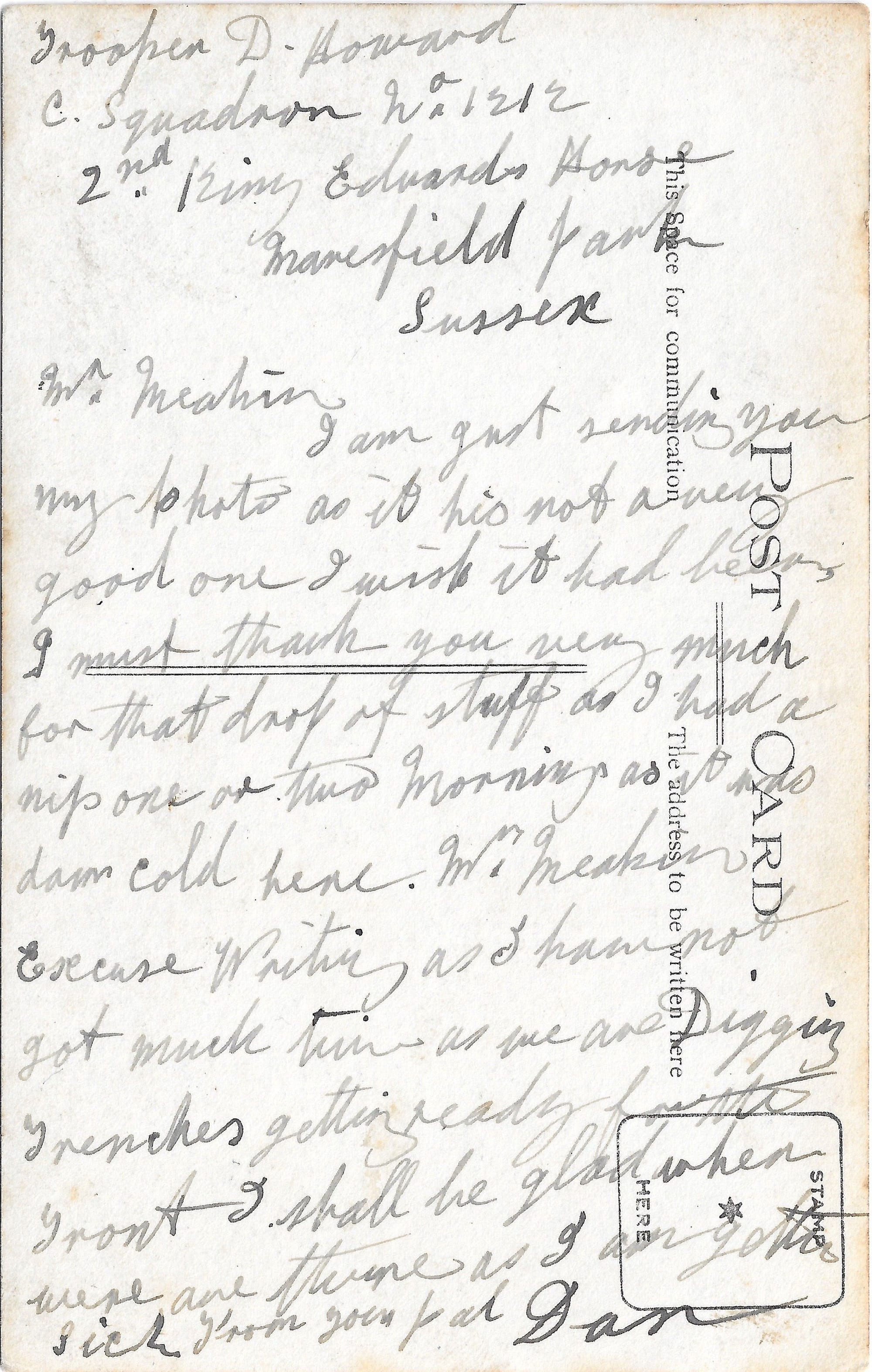 HOWARD, Danial. Private 2KEH, 'C' Squadron. 1212. Reverse of postcard sent in early 1915 from Sussex while in training (author's collection).