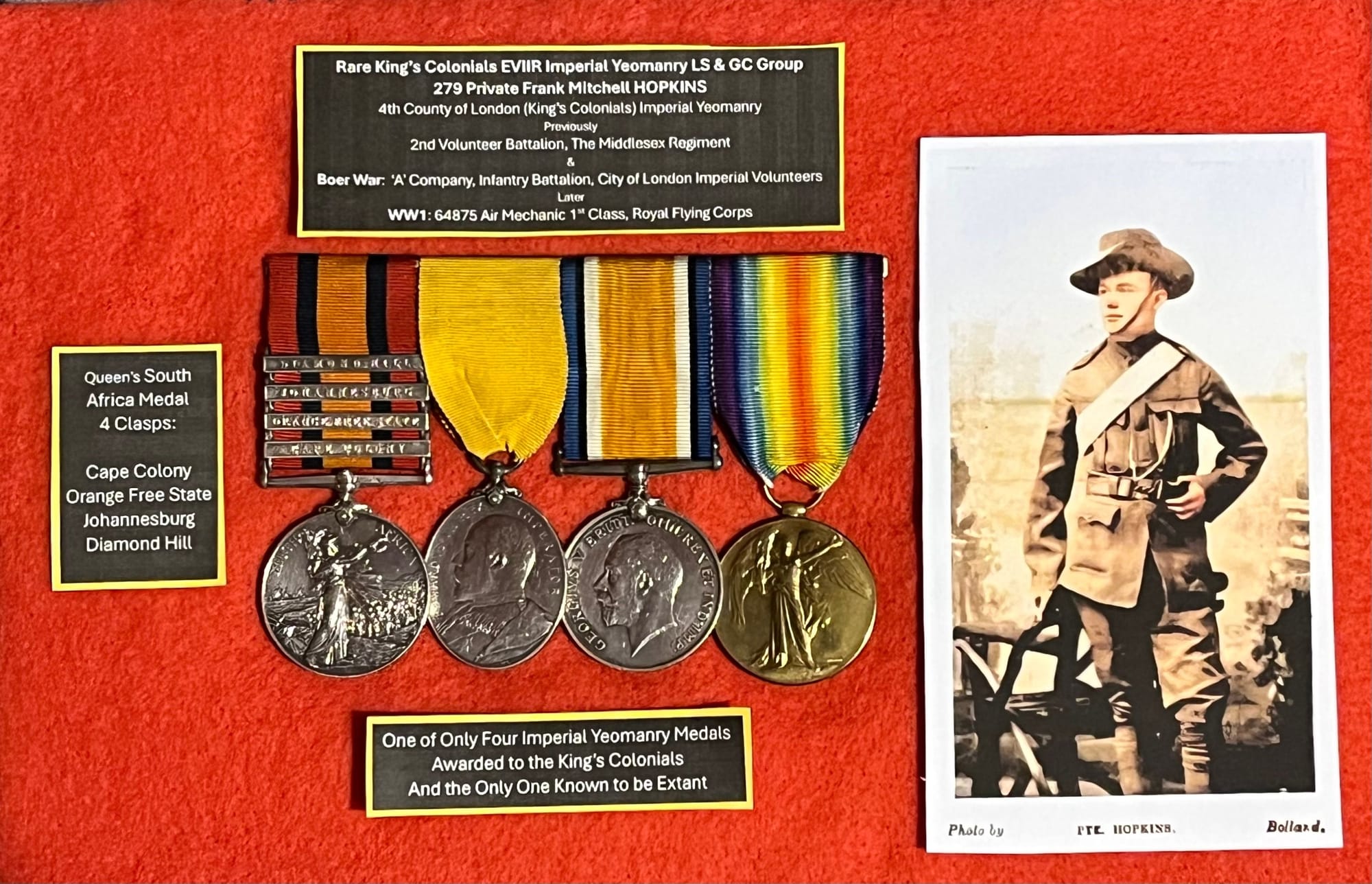 HOPKINS, Frank Mitchell. 230. Private. King's Colonials. Framed selection of his medals and portrait (courtesy of a private collector). and collection of In the uniform of the CIV in the Boer War