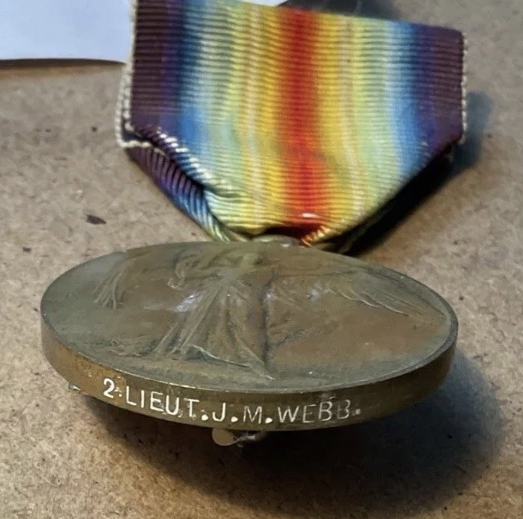 WEBB, John Montague. Second Lieutenant later Temporary Major, 2KEH. Victory Medal. Awarded OBE in 1919. Offered for sale on eBay in 2026.