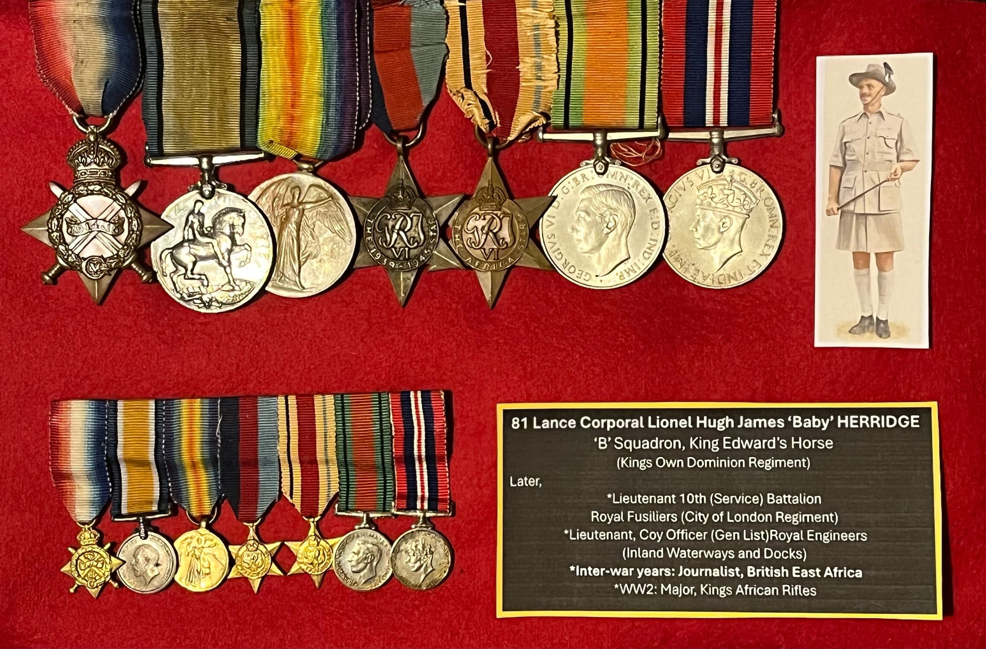 HERRIDGE, Lionel HughJames 'Baby". Lance Corporal, B Squadron KEH medals and WW2 portrait shown courtesy of a private collector.