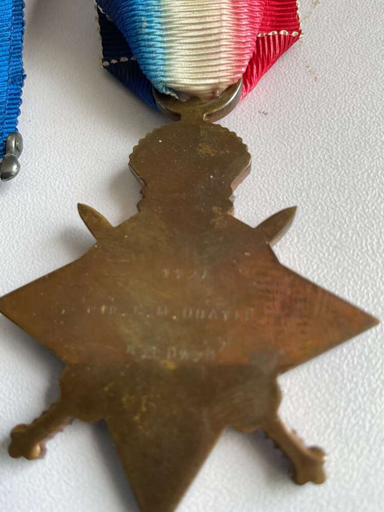 QUAYLE, Charles Malcolm. 1127. Lieutenant. 2KEH, 1914/15 Star trio medals offered for sale by Chester Medals in Mar 2026. Naming shown on 1914 Star.