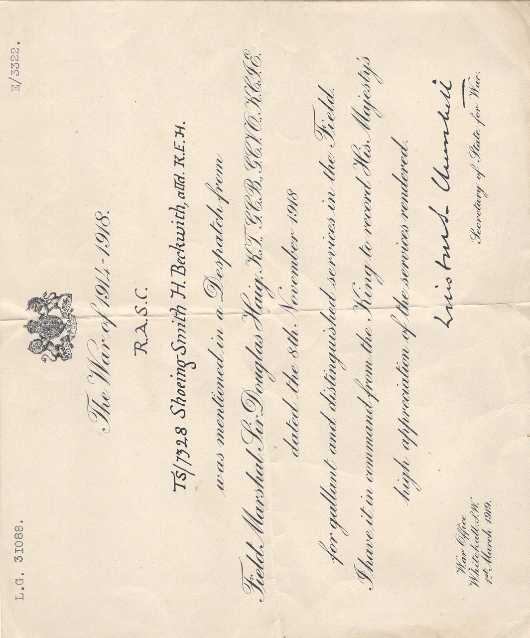 BECKWITH, Harry. Farrier, Army Service Corps attached to KEH. Mentioned in despatches award. Photograph courtesy of his grandson Chris Beckwith.