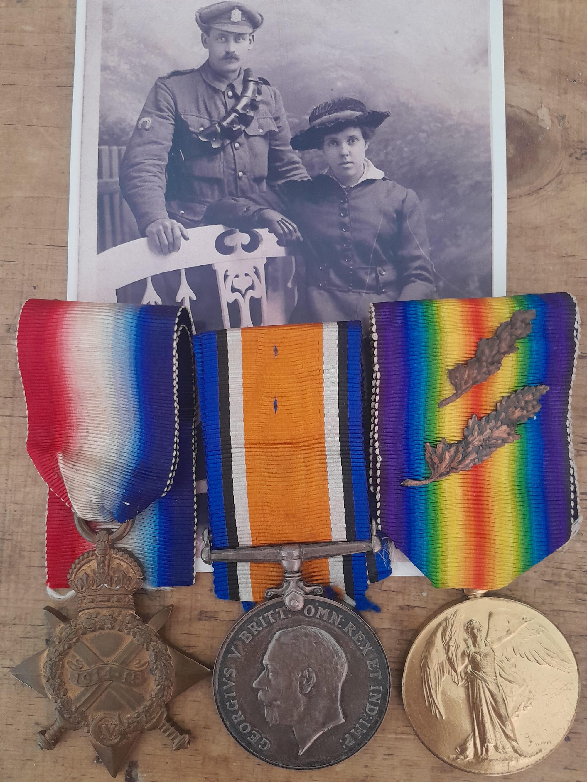 BECKWITH, Harry. Farrier, Army Service Corps attached to KEH 1914/15 Star trio with two MID emblems. Photograph courtesy of his grandson Chris Beckwith.