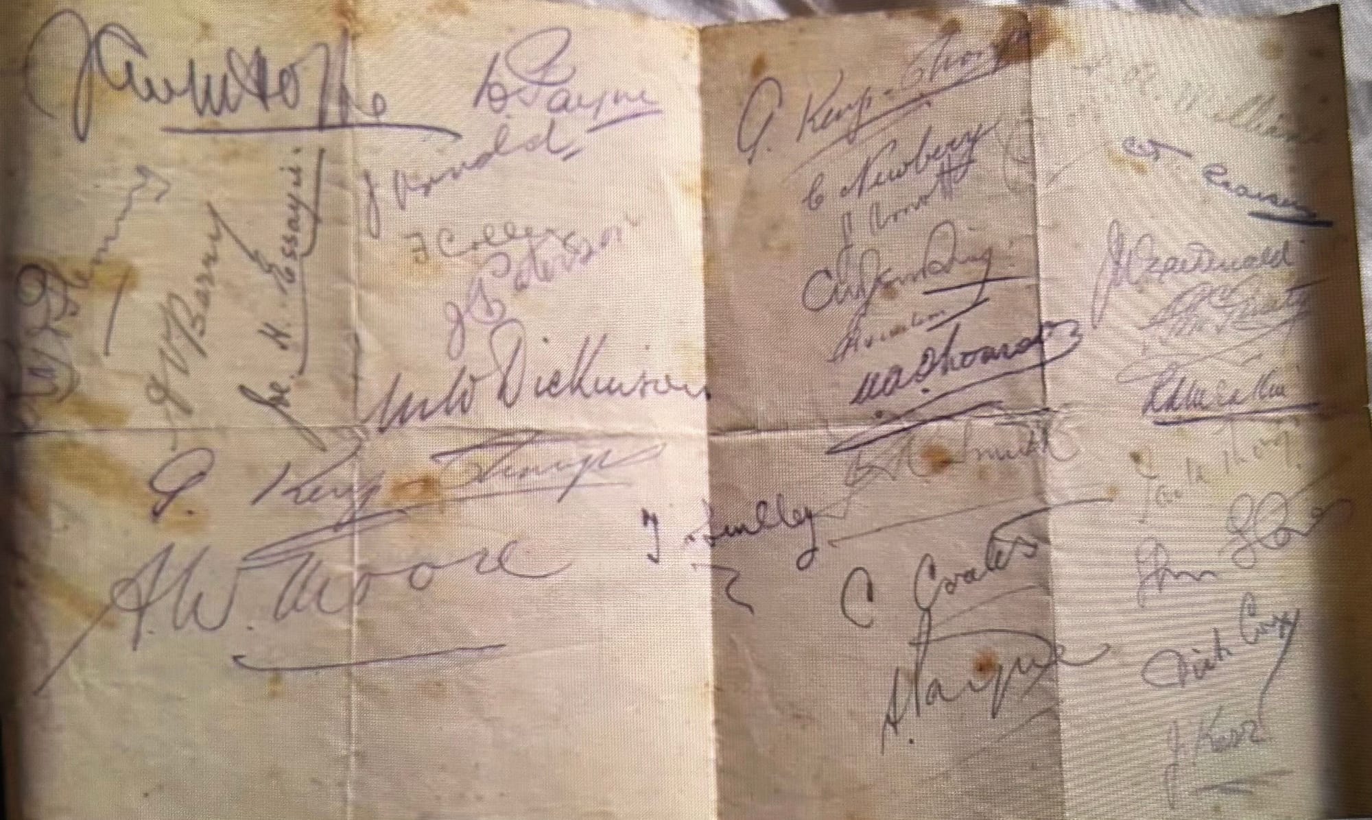 BECKWITH, Harry. Menu for Christmas 1916 signed on the front S. S. Beckwith (Shoeing Smith) with the reverse signed by members of the Second Troop, ‘B’ Squadron, KEH. Courtesy of Chris Beckwith, grandson.