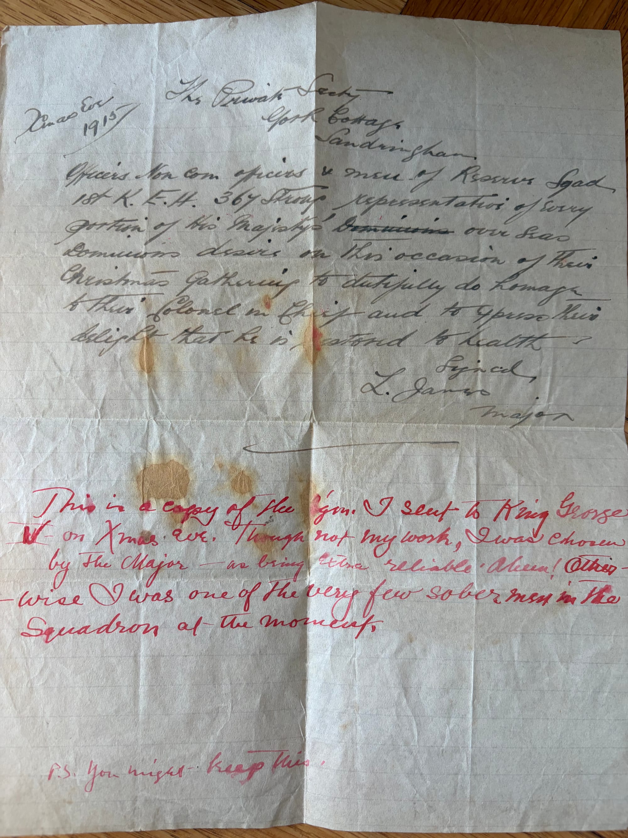 HOOPER, Leon Omar. 888. Corporal, KEH. Letter that he sent to King George Vth that had been penned by Major James Xmas Eve 1915 (courtesy Harriet Lehmann, great granddaughter).