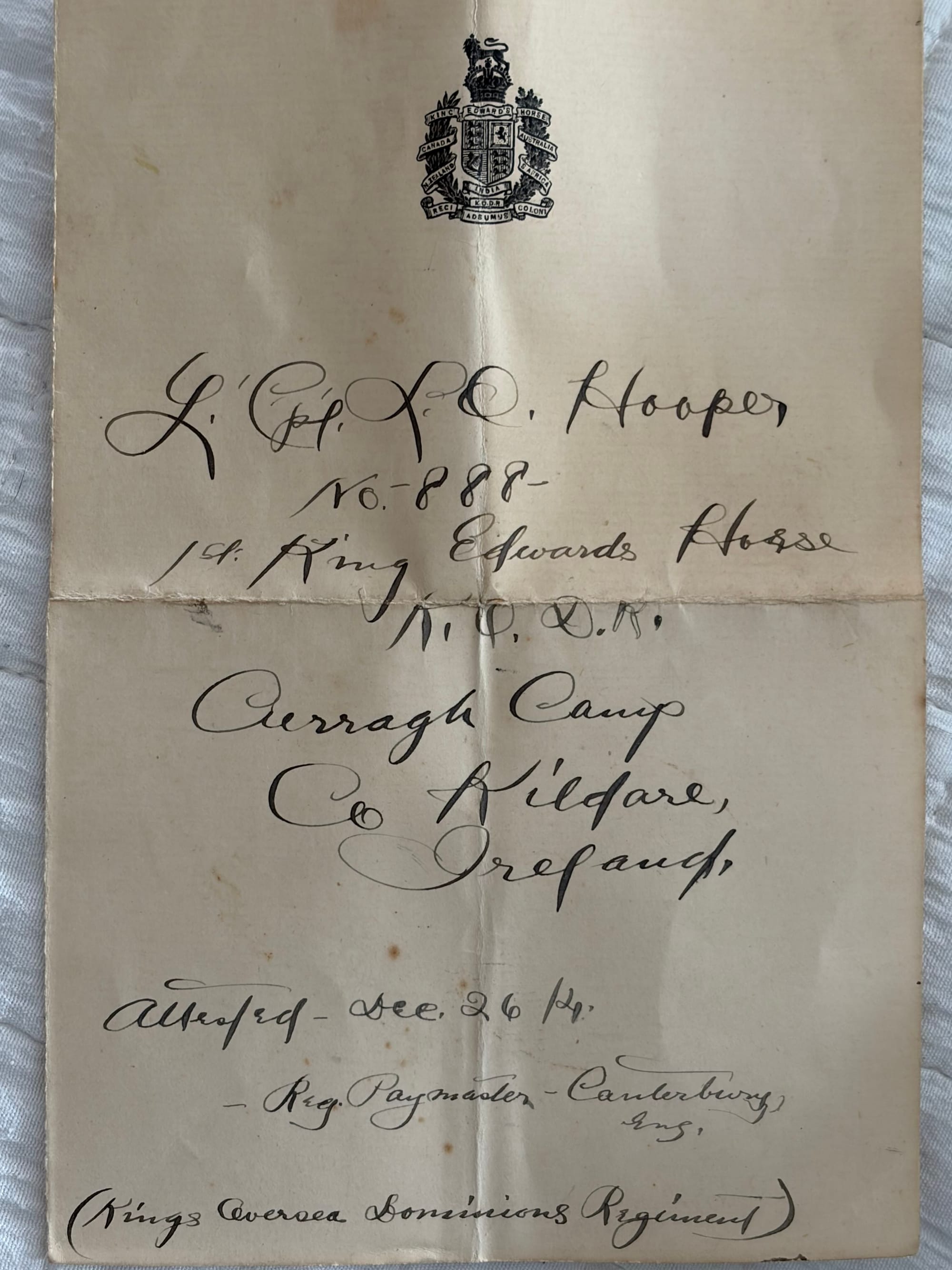 HOOPER, Leon Omar. 888. Corporal, KEH. Attestation on 26/12/1914 (courtesy Harriet Lehmann, great granddaughter).
