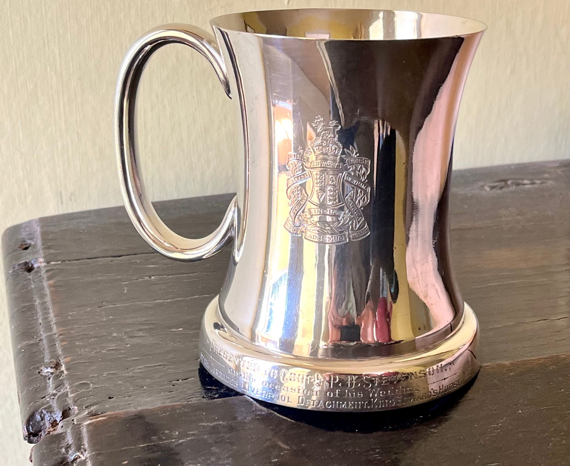 STEVENSON, Phillip Despard. 1025. Corporal, KEH. Silver plate pint tankard with KEH badge presented at his wedding by comrades in the Liverpool Troop.