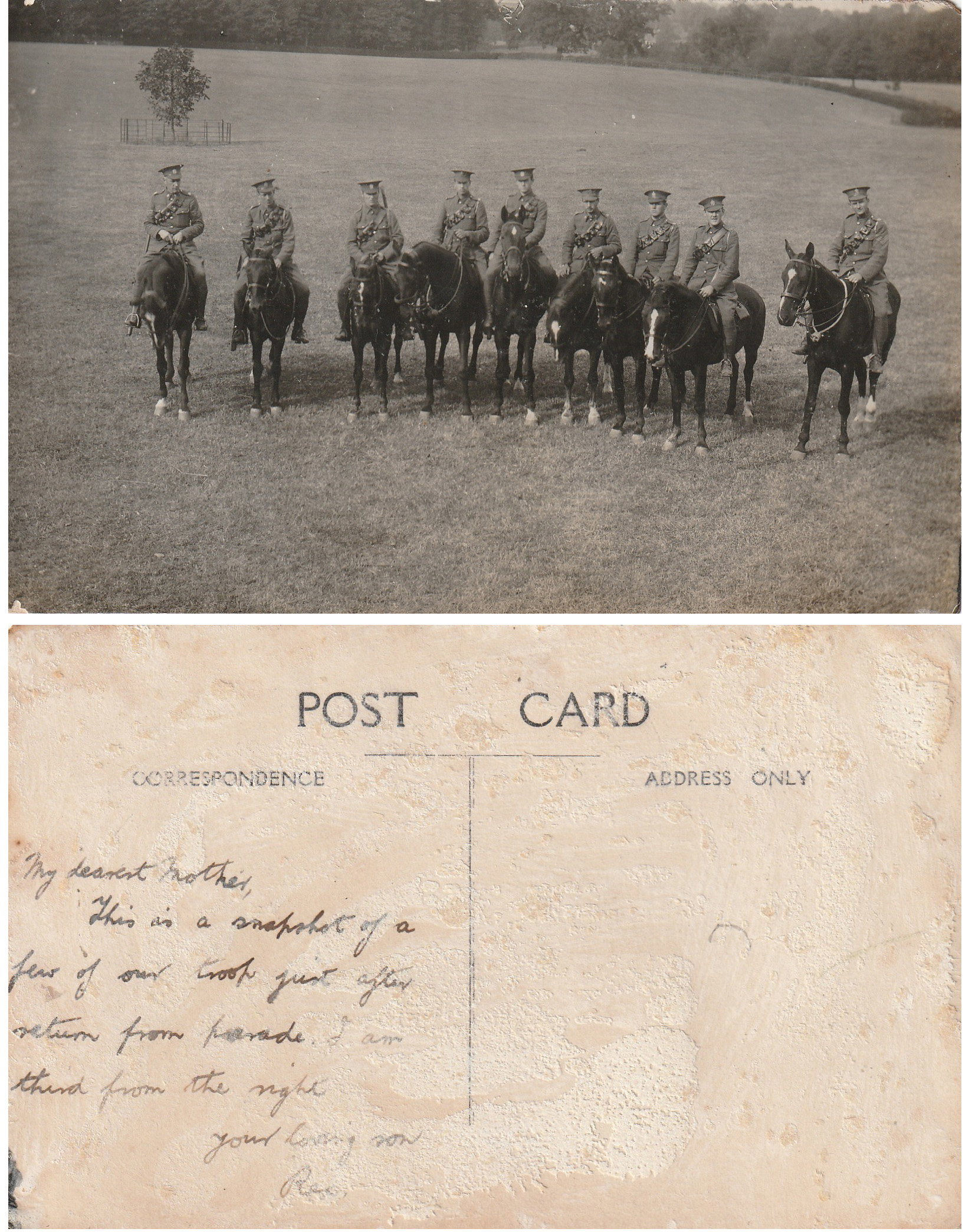 LEWIS, Reginald (Rex) Cameron. Private. 307. KEH. KIA as Acting Captain, 2nd Berkshire Regiment 1/07/1916. Postcard of members of his Troop in KEH in late 1914 to his mother and he is third from the right. Courtesy of his relative Andrew Lewis.