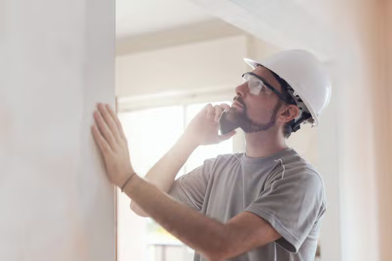 Drywall contractor inspecting a smooth wall finish