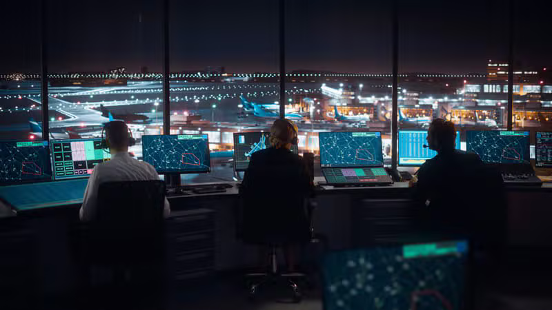 Air traffic control tower at dusk