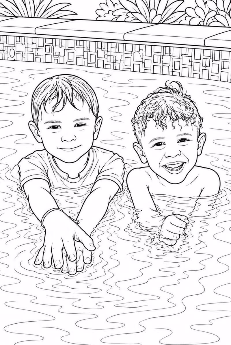 Two boys swimming in a pool coloring page