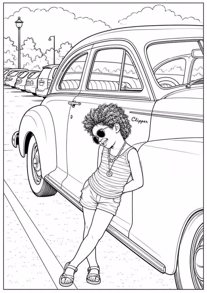 Girl leaning against a classic car coloring page
