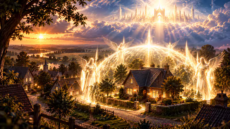 Angels of light guarding a village beneath a shining heavenly city