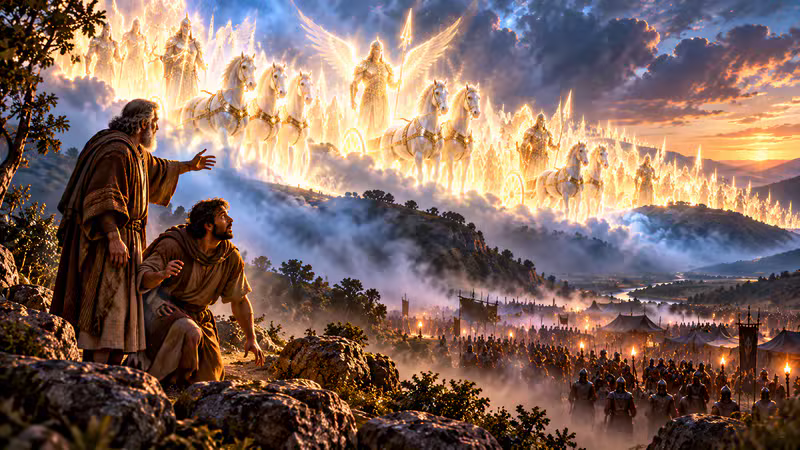 Elisha and his servant seeing the mountain filled with horses and chariots of fire