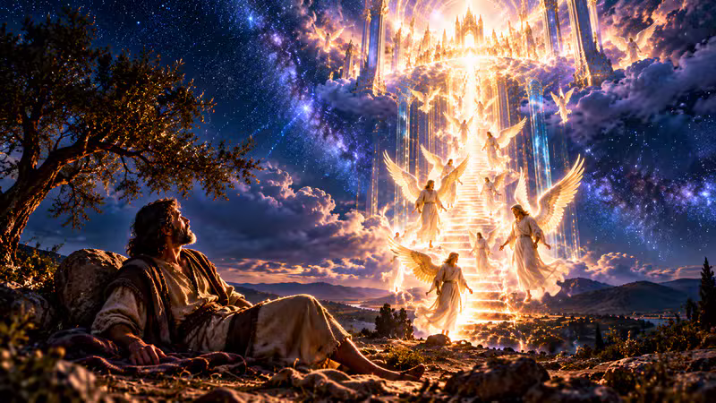 Jacob seeing a stairway between earth and heaven with angels ascending and descending