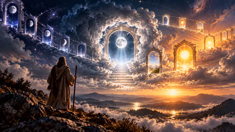 The gates of the cosmos through which the sun and moon travel, with a figure gazing at a stairway of light between earth and heaven