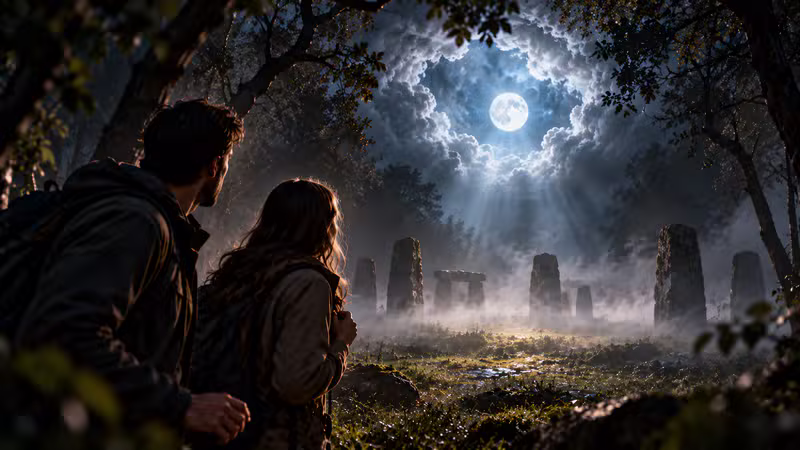 Two explorers looking at ancient standing stones in a misty forest clearing beneath the moon