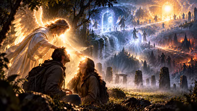 An angel touching two explorers with light while heavenly gates open above a misty forest clearing